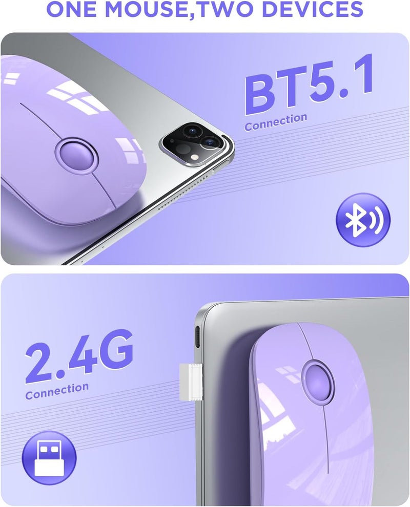 RAPIQUE Wireless Bluetooth Mouse, Purple, 1600 DPI, Long Battery Life, Dual Connectivity, Quiet Click, High-Precision Optical Tracking, Versatile Compatibility - Image 3